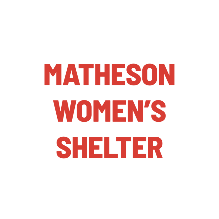 Timmins Care Text in the image reads "Matheson Women's Shelter" in bold red capital letters on a white background. Cochrane District Social Services Administration Board