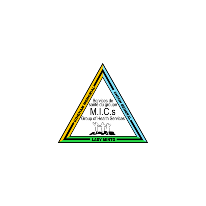 Timmins Care A triangular logo with black text, "M.I.C.S. Group of Health Services," and illustrations of medical symbols. The triangle has yellow, green, and blue borders with names of affiliated entities. Cochrane District Social Services Administration Board