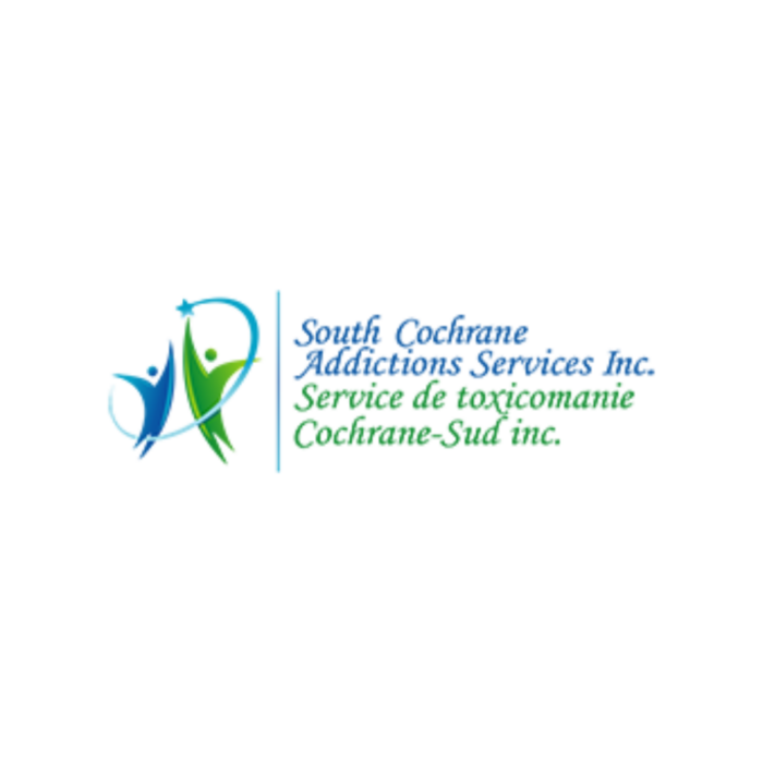 Timmins Care Logo for South Cochrane Addictions Services Inc. with text in both English and French and a graphic of two abstract human figures. Cochrane District Social Services Administration Board