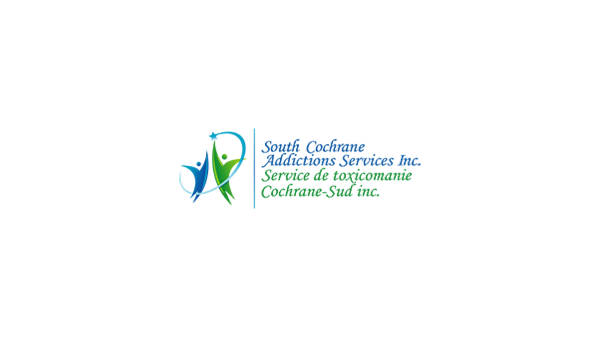 Timmins Care Logo for South Cochrane Addictions Services Inc. with text in both English and French and a graphic of two abstract human figures. Cochrane District Social Services Administration Board