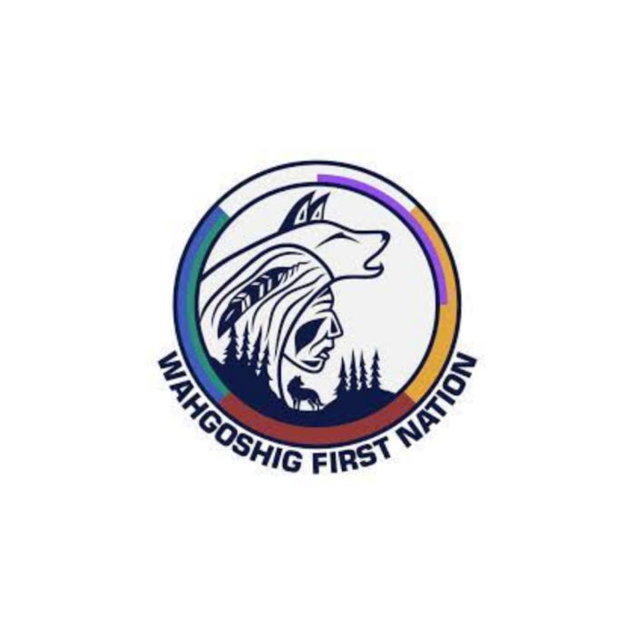 Timmins Care Logo of Wahgoshig First Nation featuring an artistic depiction of a bear's head above a traditional indigenous figure, encircled by a multi-colored border. Cochrane District Social Services Administration Board